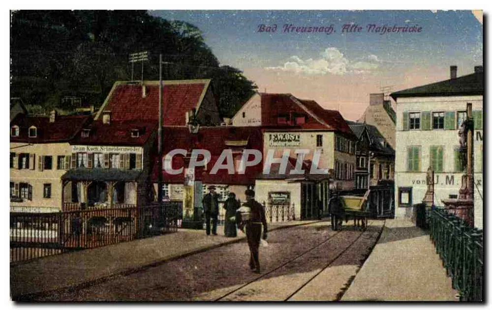 Bad Kreuznach. Alte Nahebrücke — uitzicht op de oude brug over de Nahe — uitgever Jean Koch, Schlierenbrücke - Voorkant