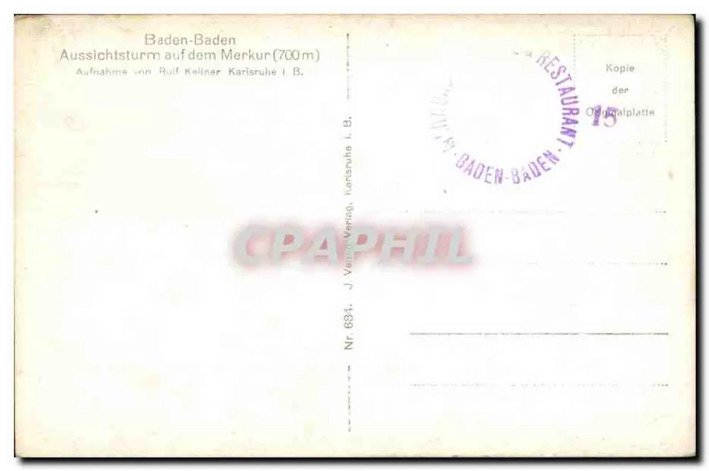 Baden-Baden — Aussichtsturm auf dem Merkur (700 m) — J. Vellin Verlag, Nr. 634 - Rückseite