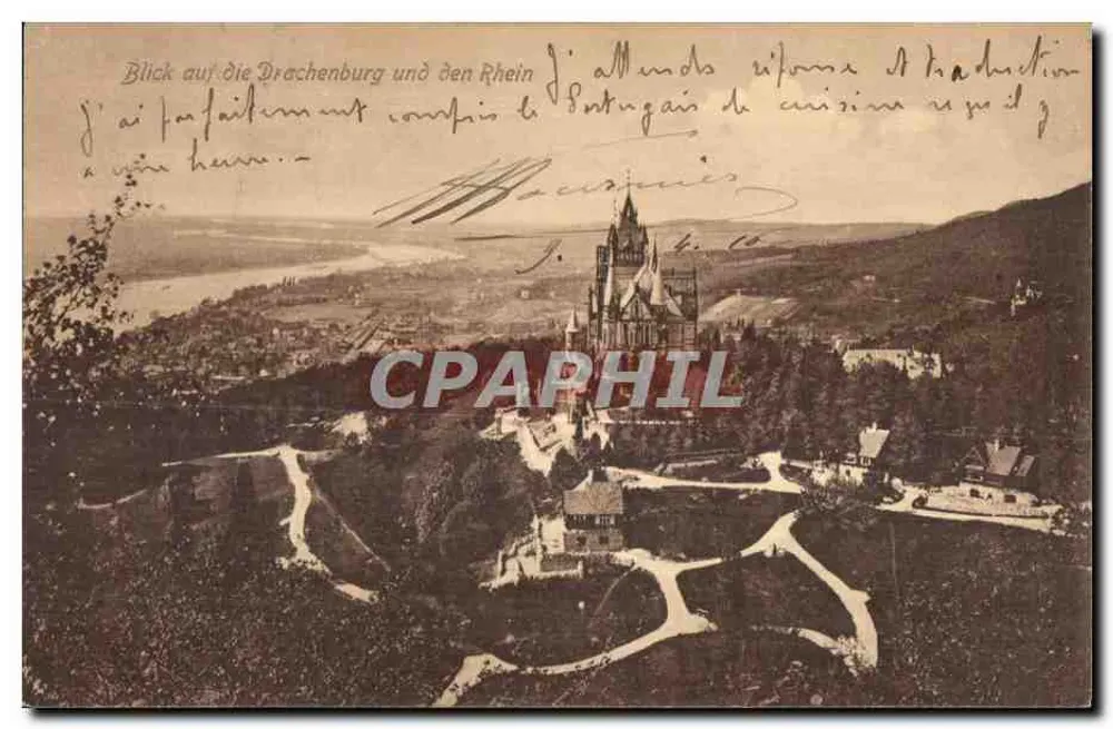 Drachenburg und der Rhein — Panoramablick — unbekannter Verlag - Vorderseite
