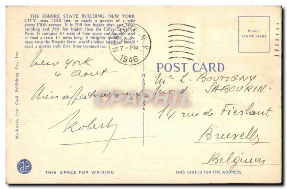 Empire State Building bei Mondlicht — New York — Manhattan Post Card Publishing Co. n° 103 - Rückseite