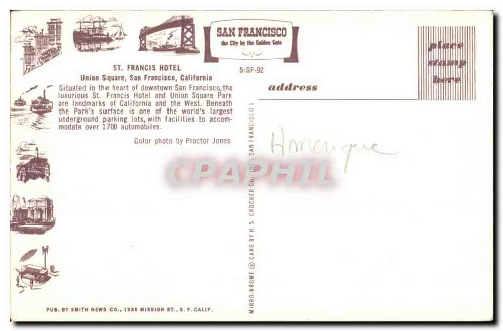 Union Square, San Francisco — St. Francis Hotel und Park — H. S. Crocker Co. - Rückseite