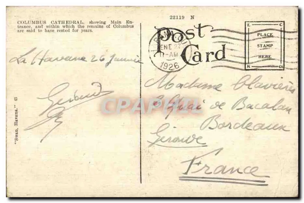 Cathédrale de Colomb, Havane, Cuba — éditeur Swan, Havane, n°45 - Achterkant