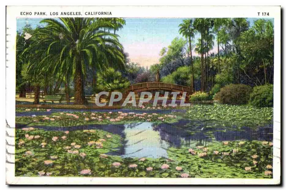 Echo Park, Los Angeles, California — uitzicht op het vijver met waterlelies met brug — Tichnár Art Company, T 174 - Voorkant