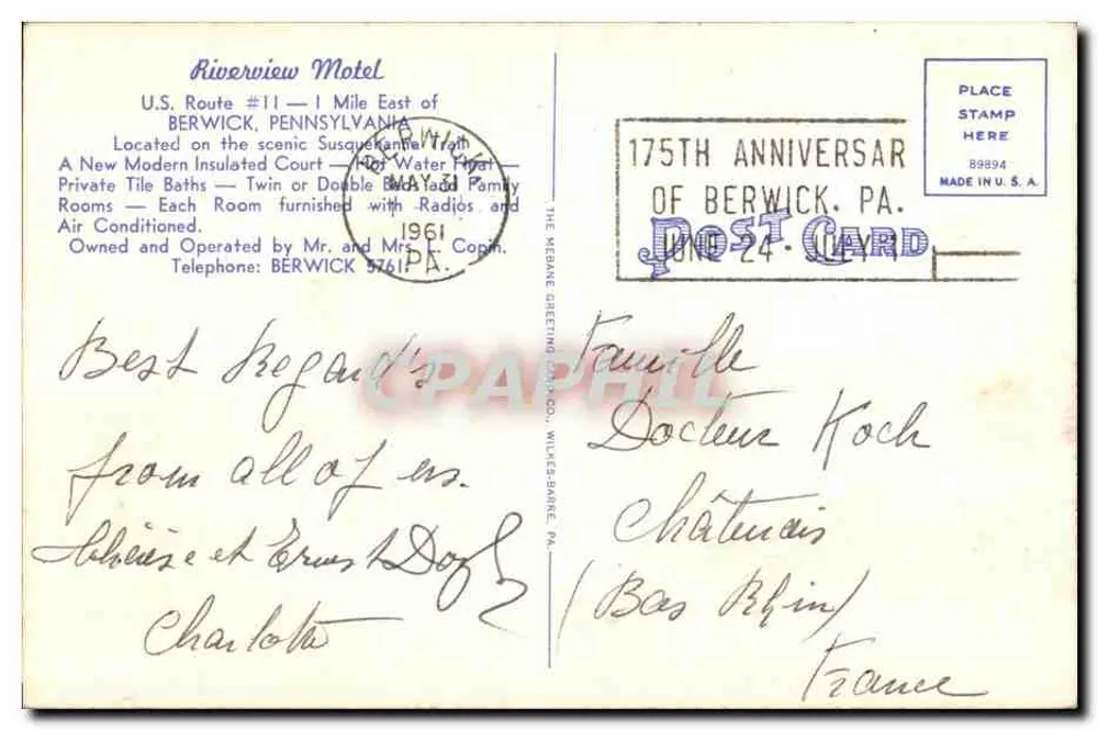 Riverview Motel — Berwick, Pensilvânia — The Mirbane Greeting Card Co. - Verso