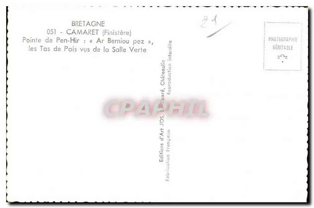 Ponta de Pen-Hir — os Montes de Feijão vistos da Sala Verde — Edições d'Arte JOS, Châteaulin - Verso