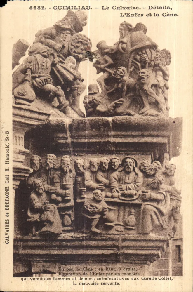 Guimiliau — Der Calvaire — Details. Die Hölle und das Abendmahl. Verlag: Calvaires de Bretagne, St-B. - Vorderseite