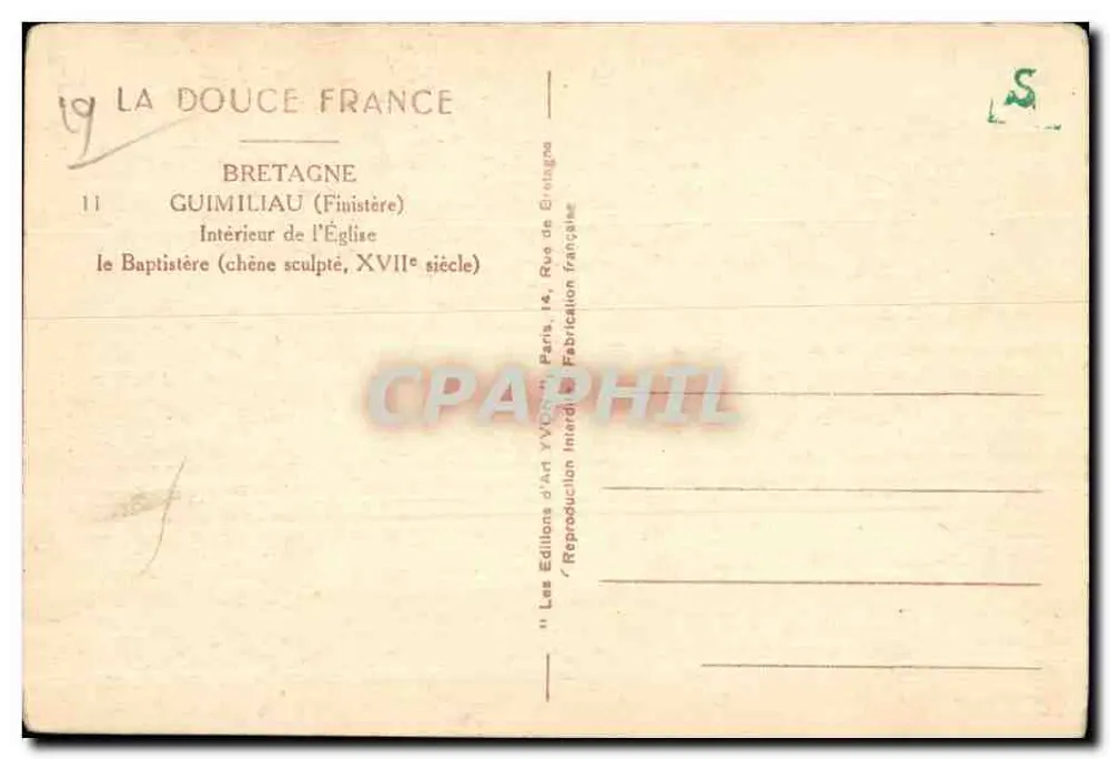 Guimiliau — Innenraum der Kirche — Geschnitzter Eichenbaptisterium, 17. Jahrhundert — Les Éditions d'Art Yvonne, Paris - Rückseite