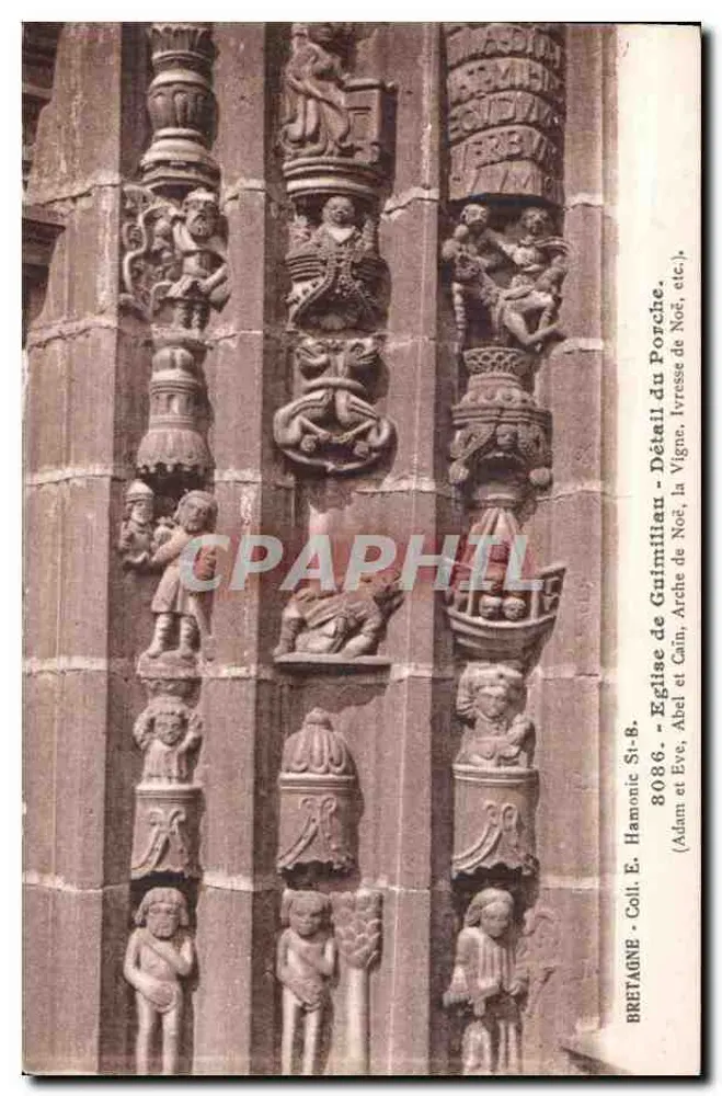 Detail des Portals der Kirche von Gréminiac — Adam, Eva, Abel, Kain, die Weinrebe, das Noahsche Schiff, etc. — E. Hamonic, Serie 8, n° 8086 - Vorderseite