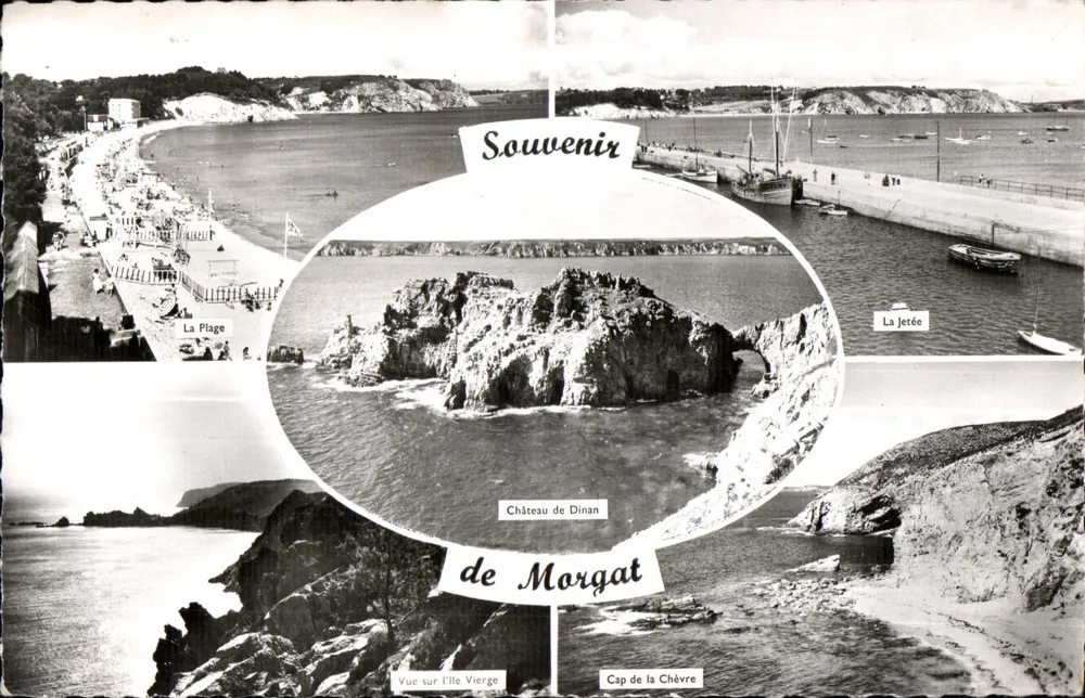Morgat — Vista da praia, a ponte, a ilha Vierge e o castelo de Dinan — Souvenir — Edições Gaby - Frente