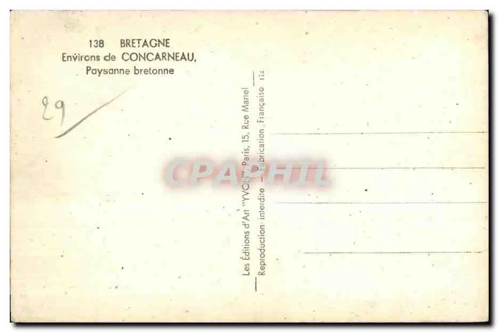 Bretone Bauernfrau — Um Concarneau — Éditions d'Art 'YVON' Paris - Rückseite