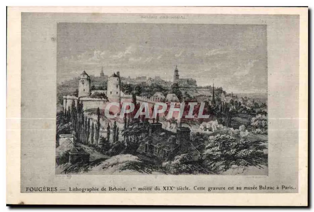 Fougères — Lithografie von Behoist, erste Hälfte des 19. Jahrhunderts. Diese Gravur befindet sich im Balzac-Museum in Paris. - Vorderseite