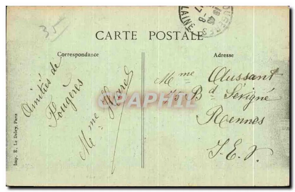Fougères — Das feudale Schloss und die Kirche Saint-Léonard — Imp. E. Le Deley, Paris - Rückseite