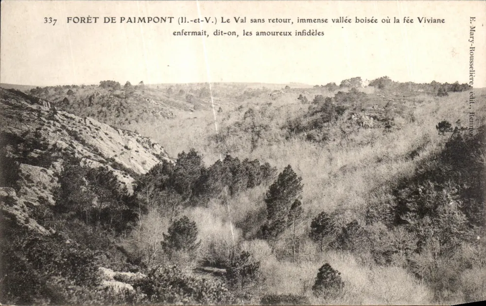Wald von Paimpont — Das Tal ohne Rückkehr, eine immense bewachsene Schlucht, in der die Fee Viviane untreue Liebende gefangen hielt — E. Mary-Honslberg, Verlag Rennes - Vorderseite