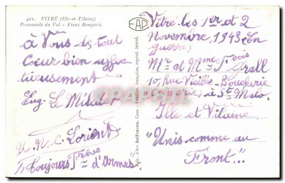 Vitré (Ille-et-Vilaine) — Promenade du Val - Vieux Remparts — Verlag F.A.D. n°421 - Rückseite