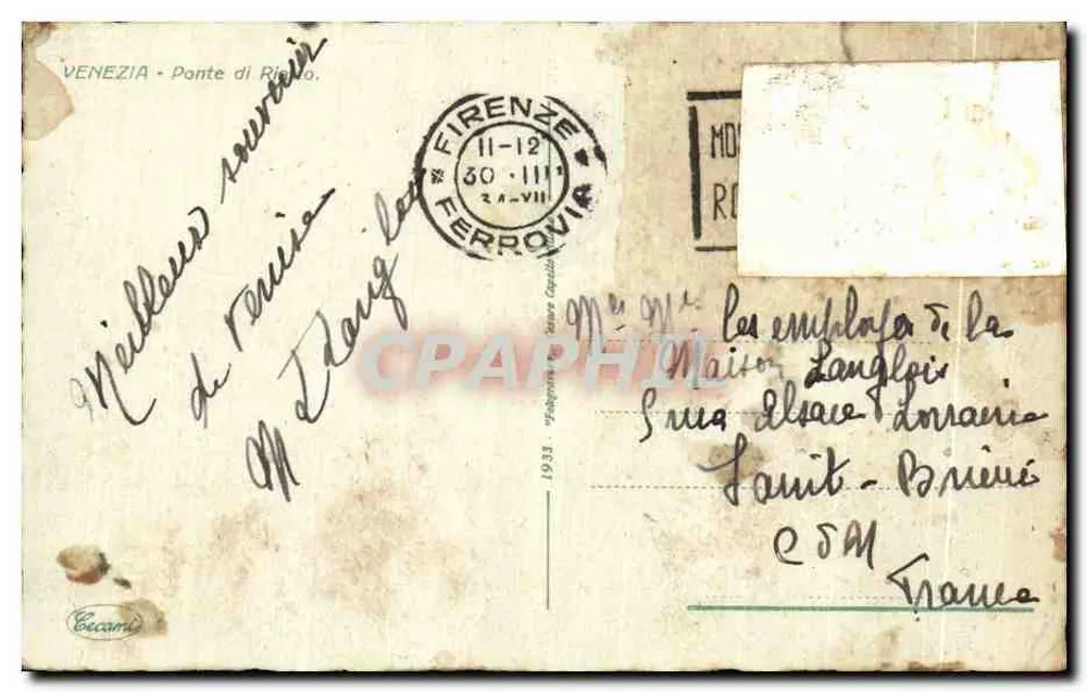 Veneza - Ponte di Rialto — editor 'Becam' n° 1933 - Verso