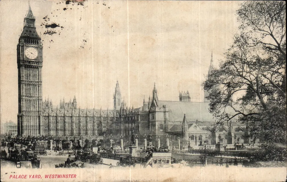 Palace Yard, Westminster — visão do Big Ben e do Parlamento — editor O. C. Smith & Co. - Frente