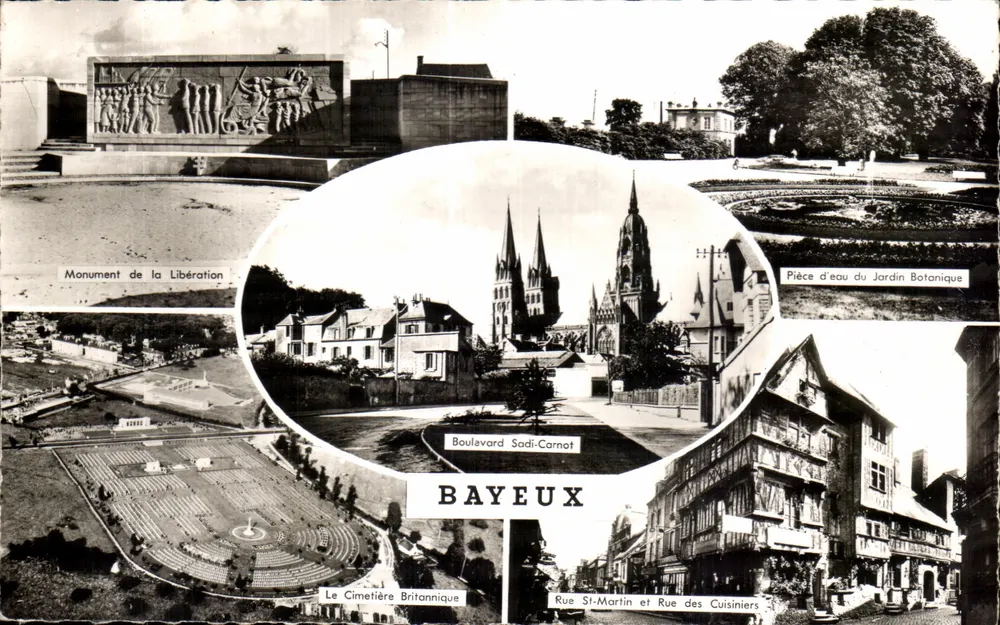 Bayeux — Widok panoramiczny z Monumentem Wolności, Cmentarzem Brytyjskim, Katedrą, Ogródkiem Botanicznym — Wydawnictwo Artaud Père et Fils, Nantes - Awers