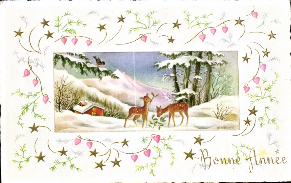 Zwei Hirsche in einer Winterlandschaft — Frohe Neujahr — Verlag M.D. Paris, Seriennummer 1640 - Vorderseite