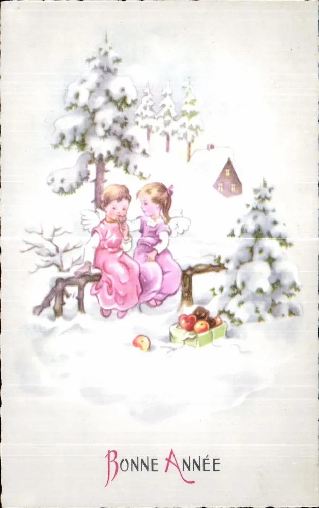 Zwei Engel in einer winterlichen Landschaft — Frohe Weihnachten — unbekannter Verlag - Vorderseite