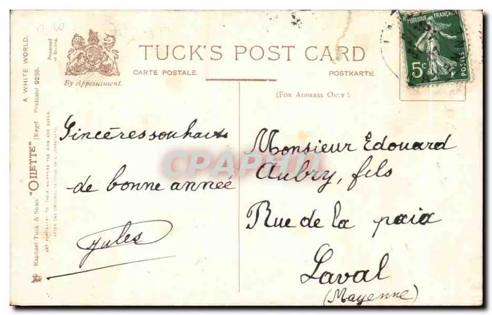 Dzik w zimowym lesie — praca Gillette — wydawca Tuck's Post Card - Rewers