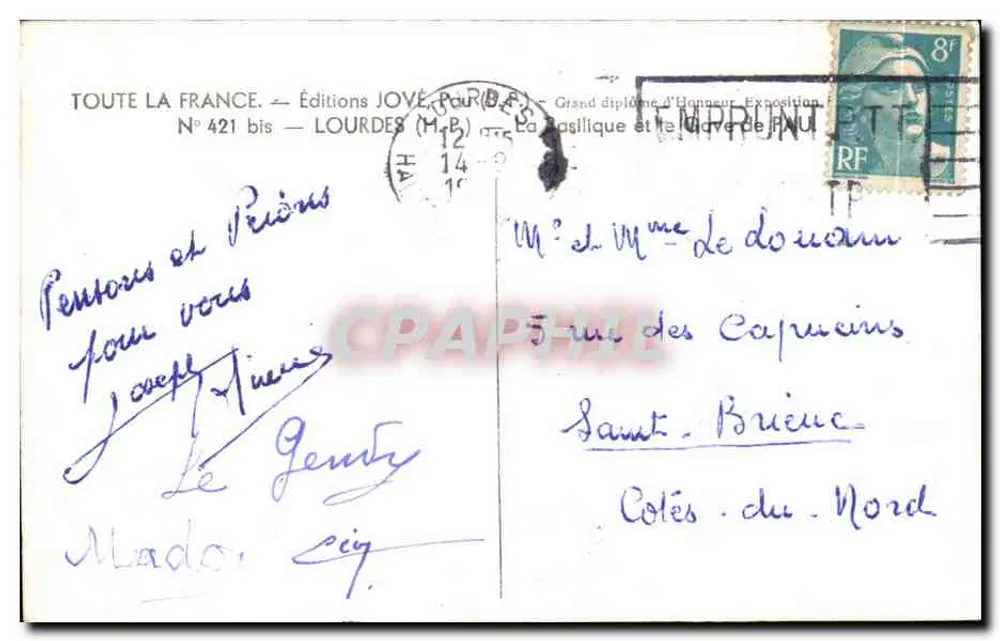 Basílica Nossa Senhora de Lourdes — vista panorâmica — Edições JOVE, Paris, N° 421 bis - Verso