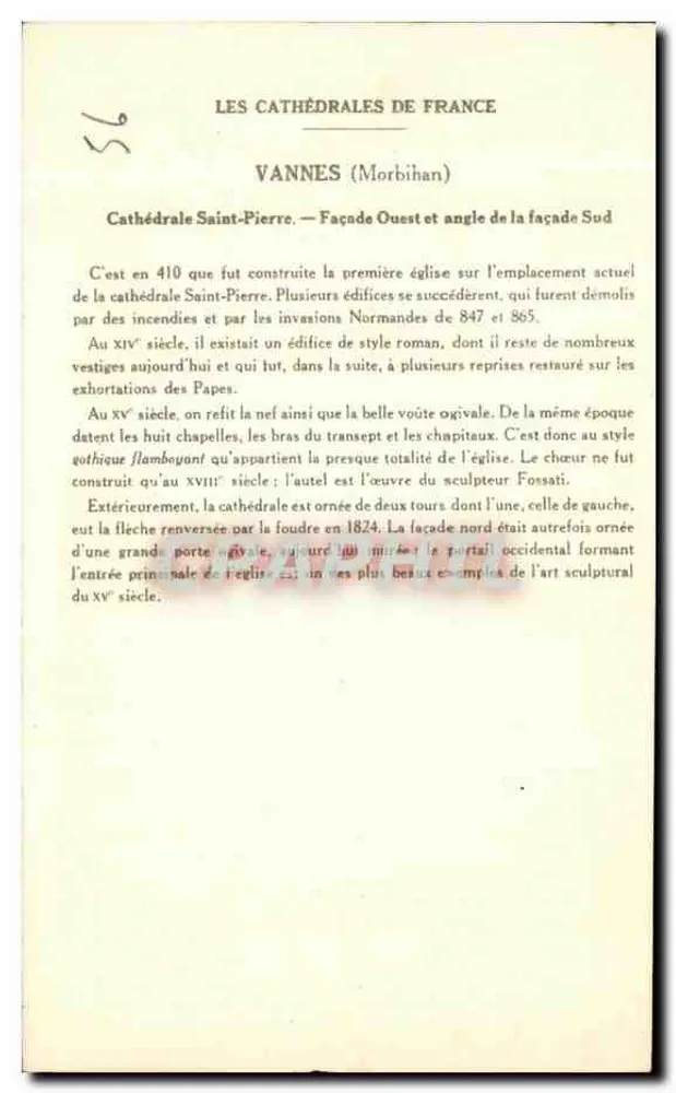VANNES (Morbihan) — Catedral São Pedro (Fachada Oeste e canto da fachada Sul) — Coleção da Solução Pautaubege, 6ª Série - Verso