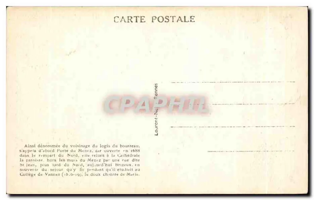 Vannes — Porte du Bourrea — editor Laurent, n° 3998 - Verso