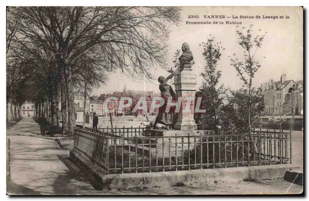 VANNES — Die Statue von Lesage und die Promenade de la Robine — Verlag: VILLARET, Quimper - Vorderseite