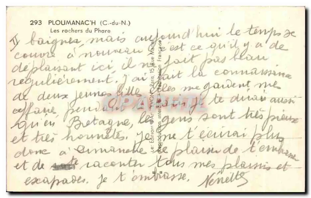 Os rochedos do Farol — PLOUMANAC'H (C.-du-N.) — Yvov, n°293 - Verso
