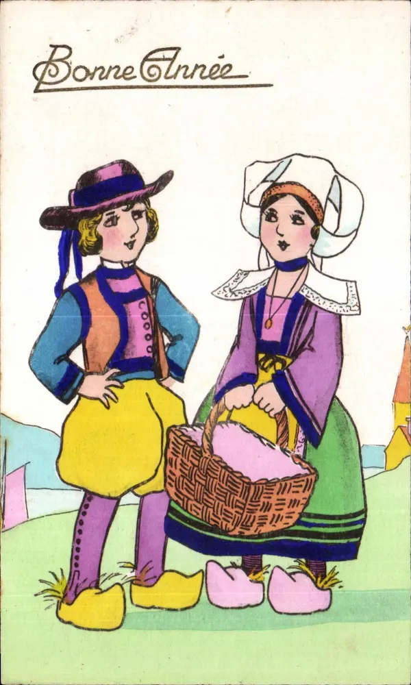 Zwei Personen in niederländischem Kostüm — Frohes Neues Jahr — Artisanales F. Hamon - Saint-Étienne - Vorderseite
