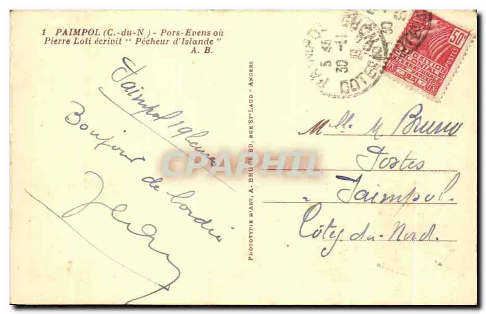 Paimpol (C.-du-N.) — Pors-Evens, wo Pierre Loti « Pêcheur d'Islande » schrieb — Phototype D'Art, A. Bru, Rue St-Laud - Angers - Rückseite