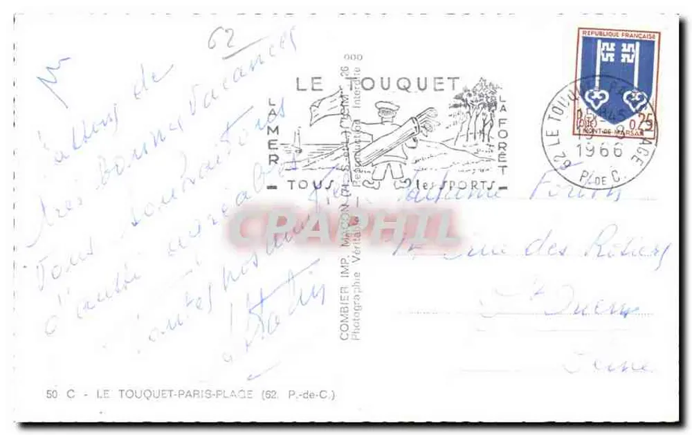 Le Touquet-Paris-Plage (P.-de-C.) — Panoramablick mit Hotels, Kirche, Strand und Rathaus — Verlag Combiér Imp. Maçon - Rückseite