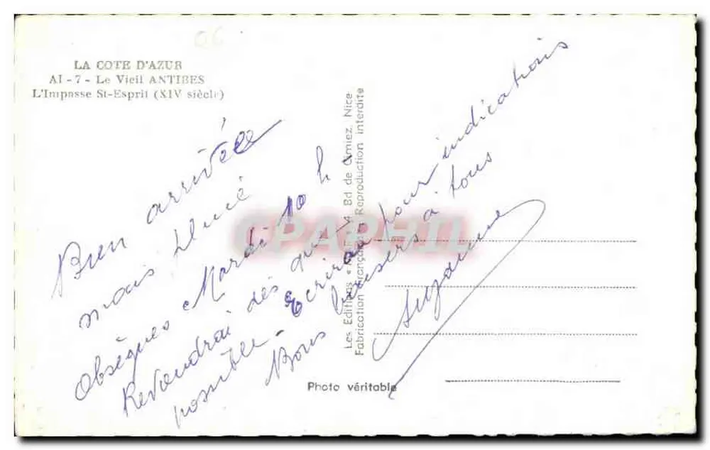 A Impasse Saint-Ésprit — Antibes — editor Bd de Armiez, n° AI-7 - Verso