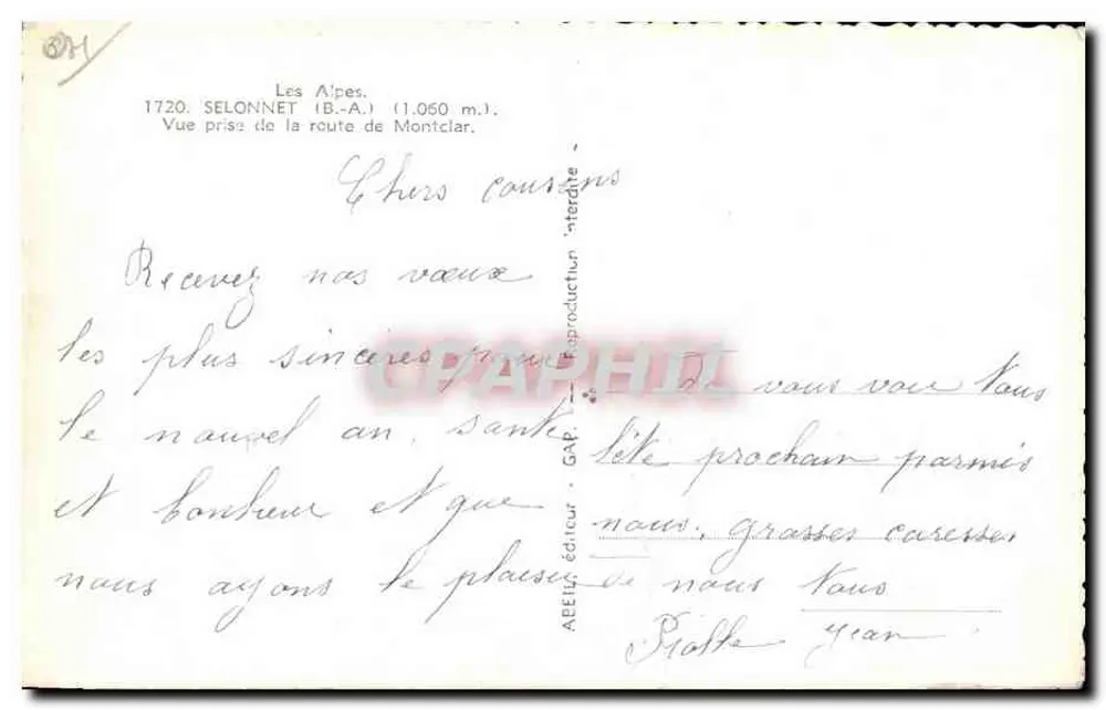Selonnet (B.-A.) — Aufnahme von der Straße nach Montclar — Verlag ABEILU, GAP, n° 1720 - Rückseite