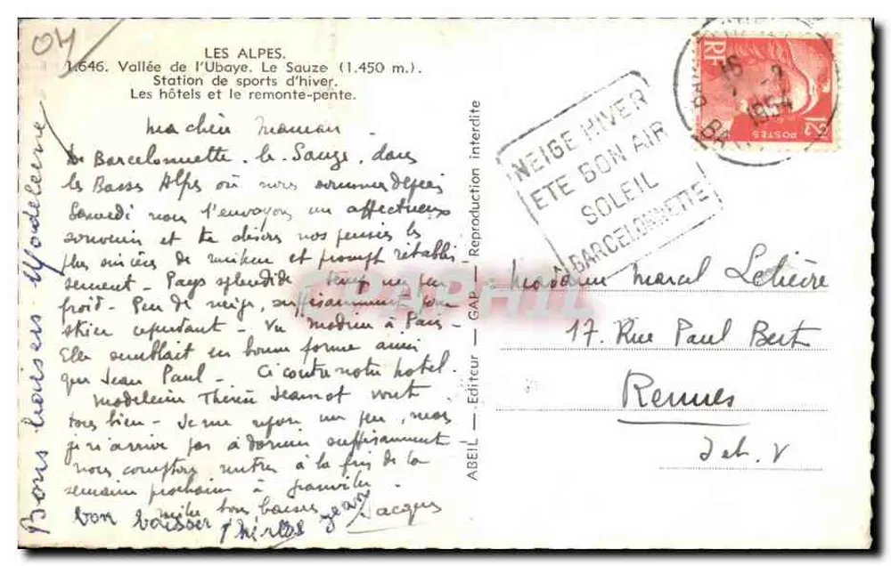 Alpes - Vale da Ubaye, Le Sauze (1.450 m) — Estação de esportes de inverno — Editor ABEIL - Verso