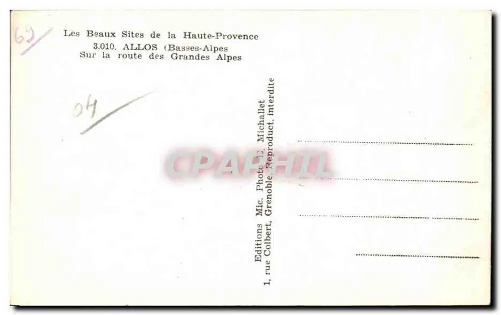 Allos (Basses-Alpes) — vista geral, alt. 1425 m. — Mic, n° 3.010 - Verso