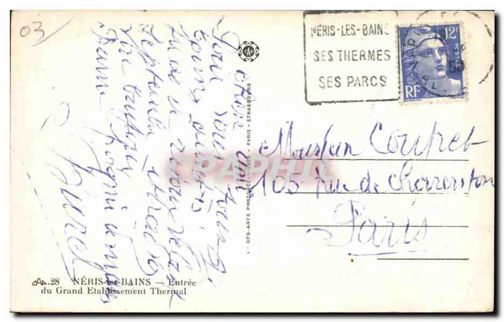 Néris-les-Bains — Eingang zum Großen Thermalbad — Verleger A.P. 28 - Rückseite