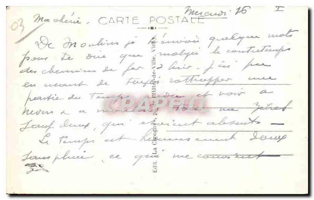 Moulins — Praça e Rua d'Allier — Editor La Cigogne, n° 1729 - Verso