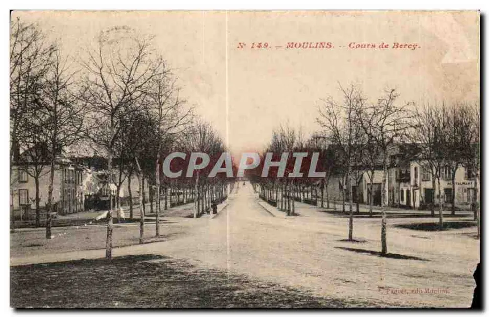 Moulin - Cours de Bercy — vue d'une avenue arborée avec bâtiments, éditeur P. Paquet, eds. Moulins, n° 149 - Frente