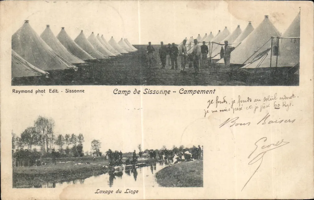 Camp de Sissonne — Acampamento e Lavagem de Roupa — Raymond phot Edit. - Sissonne - Frente
