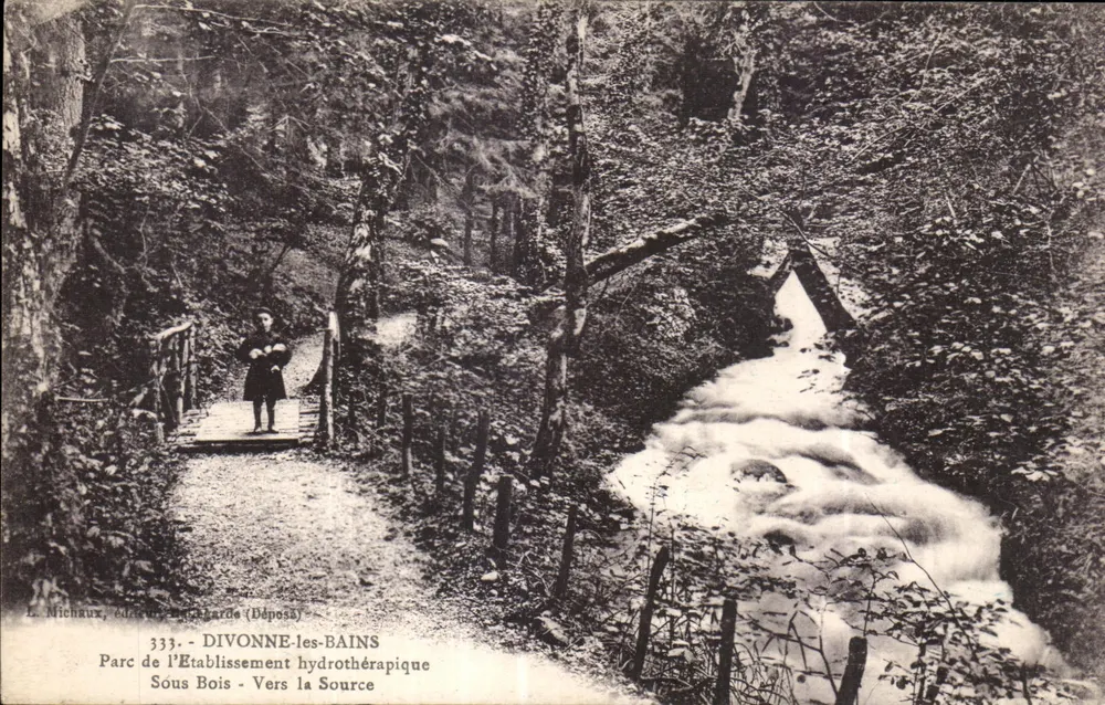 Divonne-les-Bains — Park des Hydrotherapie-Establishments unter Bäumen — Richtung Quelle — Verlag L. Michaux, Verlag der Lardo (Deposé) Nr. 333 - Vorderseite