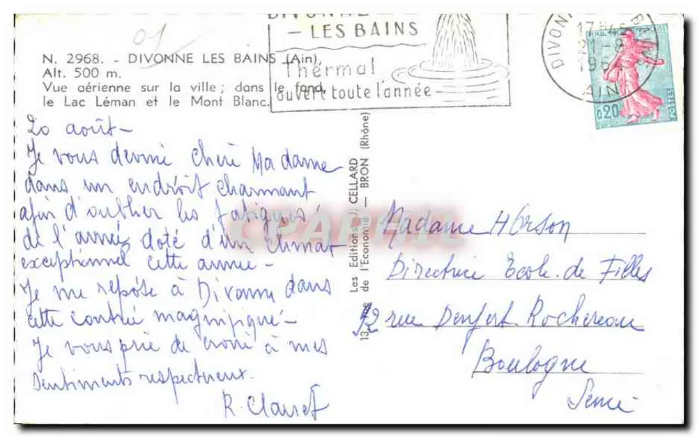 Divonne-les-Bains — Luftbild der Stadt, des Sees Léman und des Mont Blanc — Les Éditions J. Cellard - Rückseite