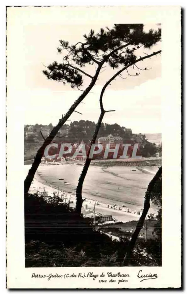 Perros-Guirec (C. du N.), Strand van Gouraou — uitzicht op de pijnbomen — Lucien - Voorkant