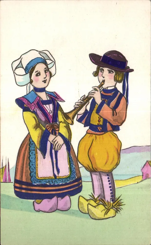 Joven mujer y joven hombre en traje tradicional holandés — M.G.A. — n°1203 - Anverso