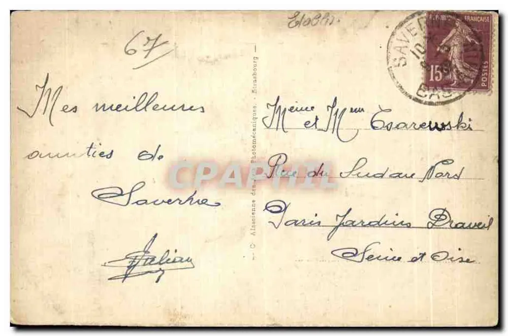 Saverne - Vista geral — editor: Associação dos Fotogênicos, Strasbourg, n°1 - Verso