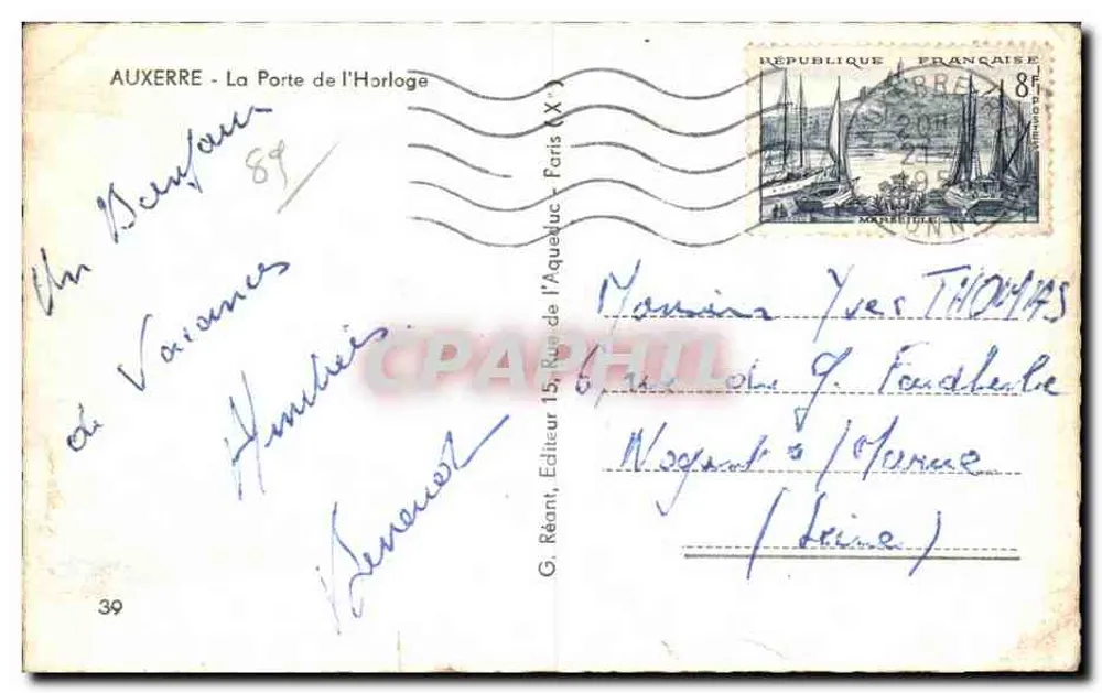 Auxerre - A Porta da Relógio — vista da rua do Aqueduto — editor G. Réant, n°39 - Verso