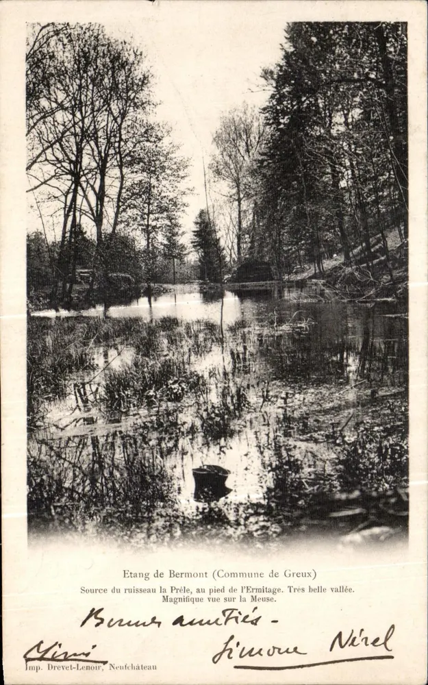 Étang de Bermont — Quelle des Bachs La Prèle am Fuße des Hermitages, Blick auf die Meuse — Verlag Drevet-Lenôtre, Neufchâteau - Vorderseite