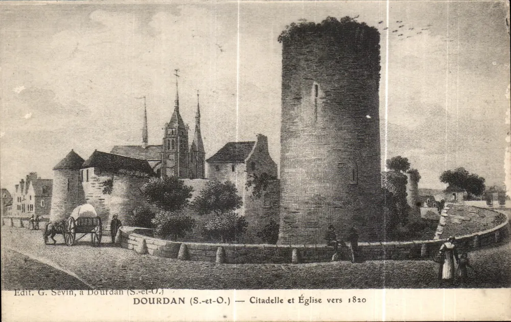Dourdan (S.-et-O.) — Citadela e Igreja cerca de 1820 — Edit. G. Sevin, em Dourdan (S.-et-O.) - Frente