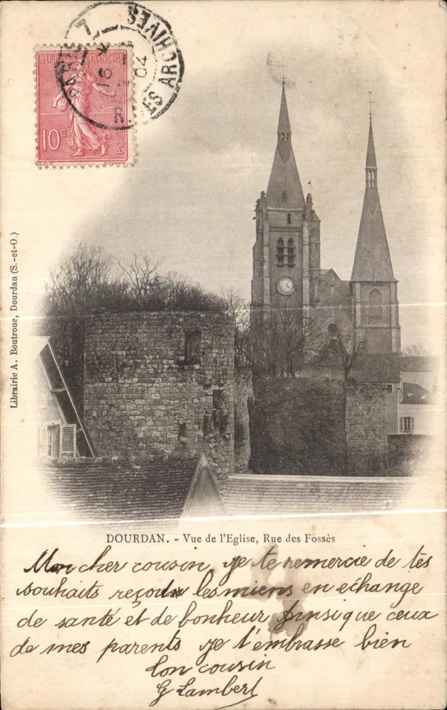 Dourdan - Ansicht der Kirche, Rue des Fossés — Librairie A. Boulrouse, Dourdan (S-61-0) - Vorderseite