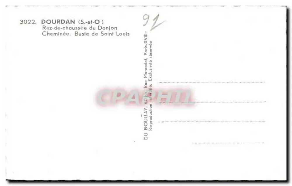 Dourdan (S.-et-O) — Erdgeschoss des Donjons, Kamin, Büste des Heiligen Ludwig — Verlag DU BOULLAY, Paris - Rückseite